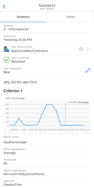 Azure 行動應用程式中 [警示詳細數據] 頁面的螢幕快照。