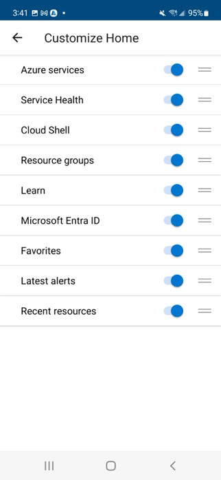Screenshot showing the customization screen for the Azure mobile app Home screen.