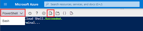 Screenshot of Azure Cloud Shell in PowerShell with the option to upload a file.