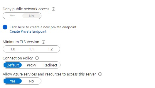 Screenshot of the Firewalls and virtual networks settings in Azure portal for SQL server