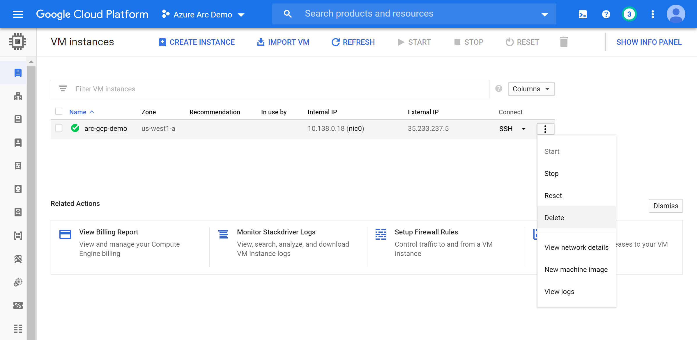A screenshot showing how to delete a virtual machine from the GCP console.