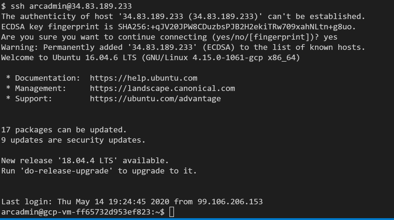 A screenshot of an SSH key connecting to a GCP server.