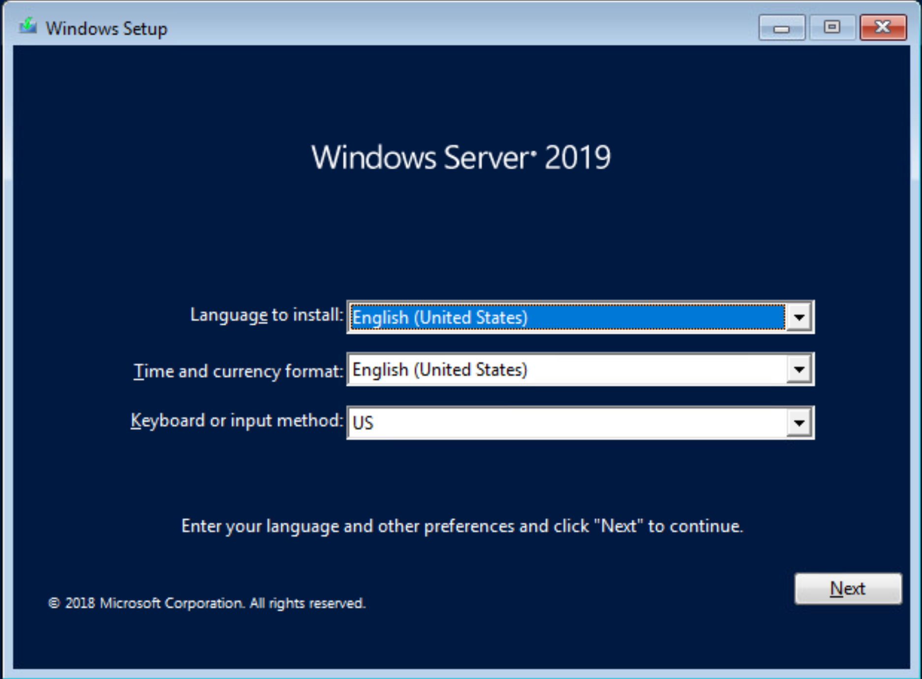 Windows 安裝程式視窗的螢幕擷取畫面，其中包含語言和其他喜好設定的選項。