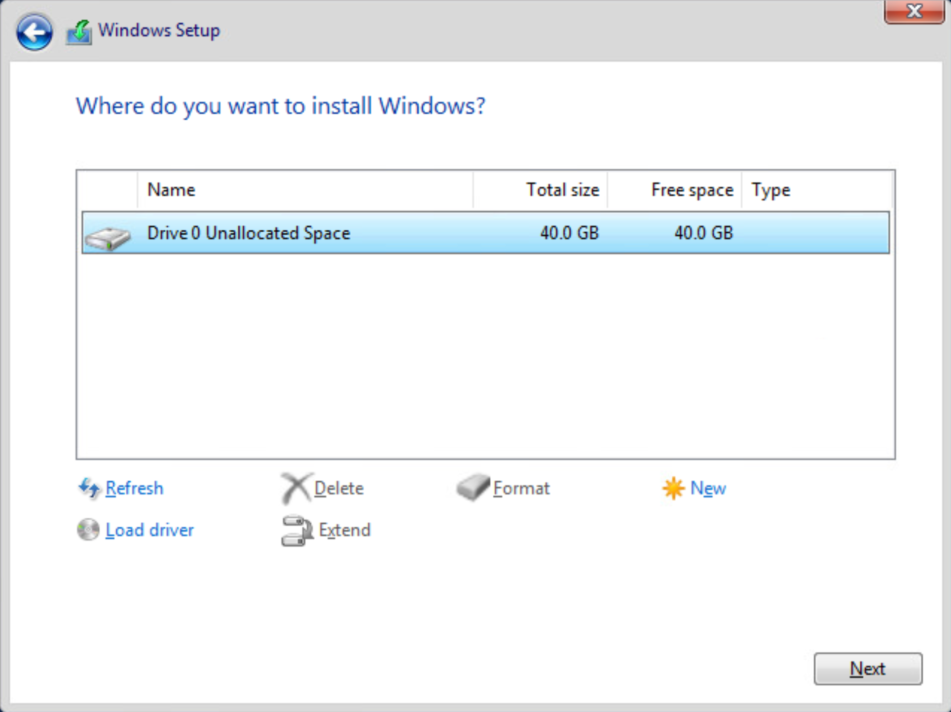 您選取 Windows Server 安裝位置的 Windows 安裝程式視窗螢幕擷取畫面。