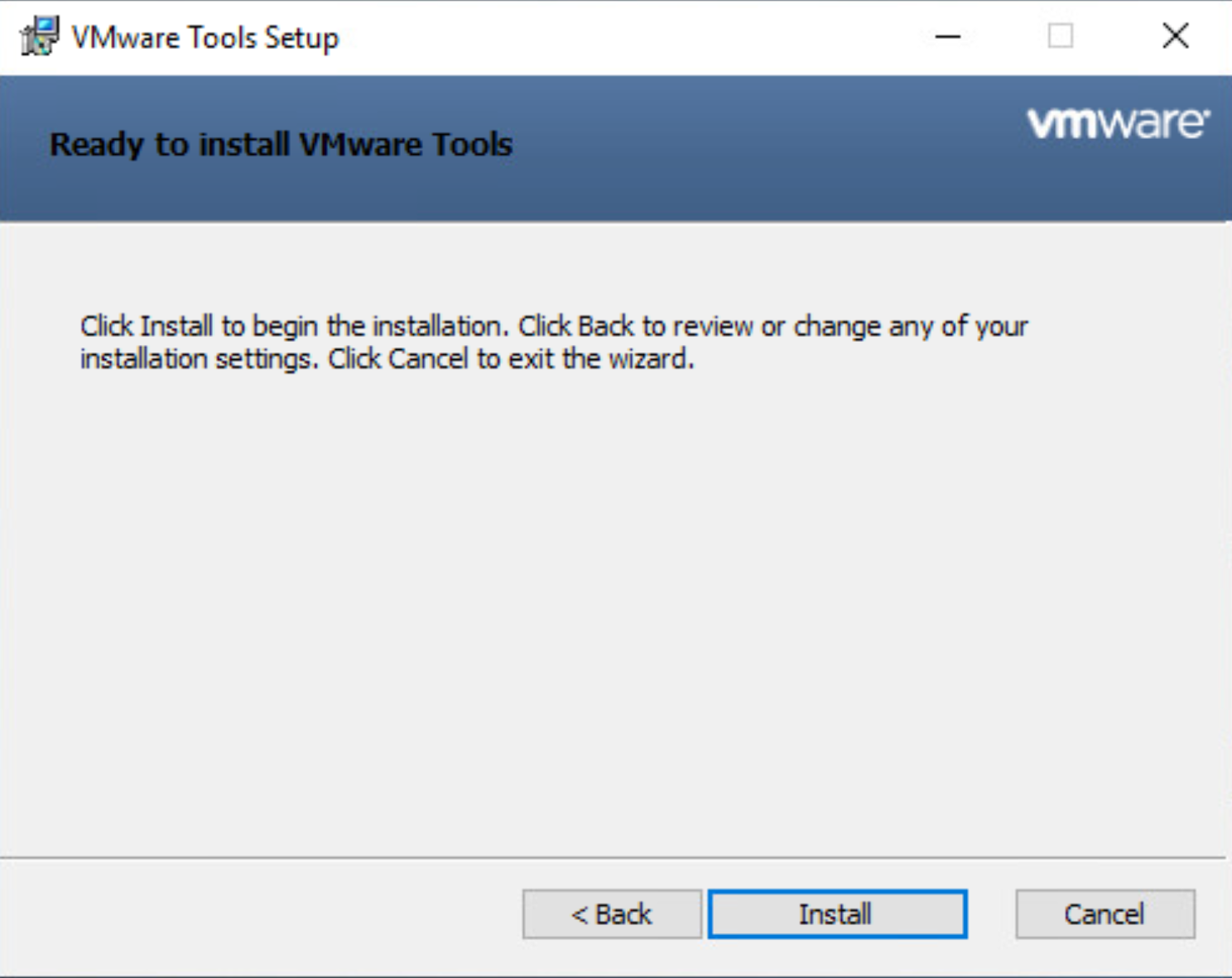VMware 工具安裝視窗的螢幕擷取畫面，指出其已準備好安裝。