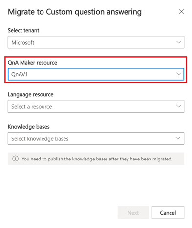 Migrate QnAMaker with red selection box around the QnAMaker resource selection option
