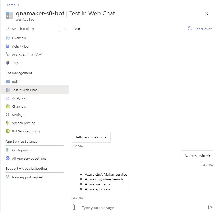 Enter a user query into the test web chat.