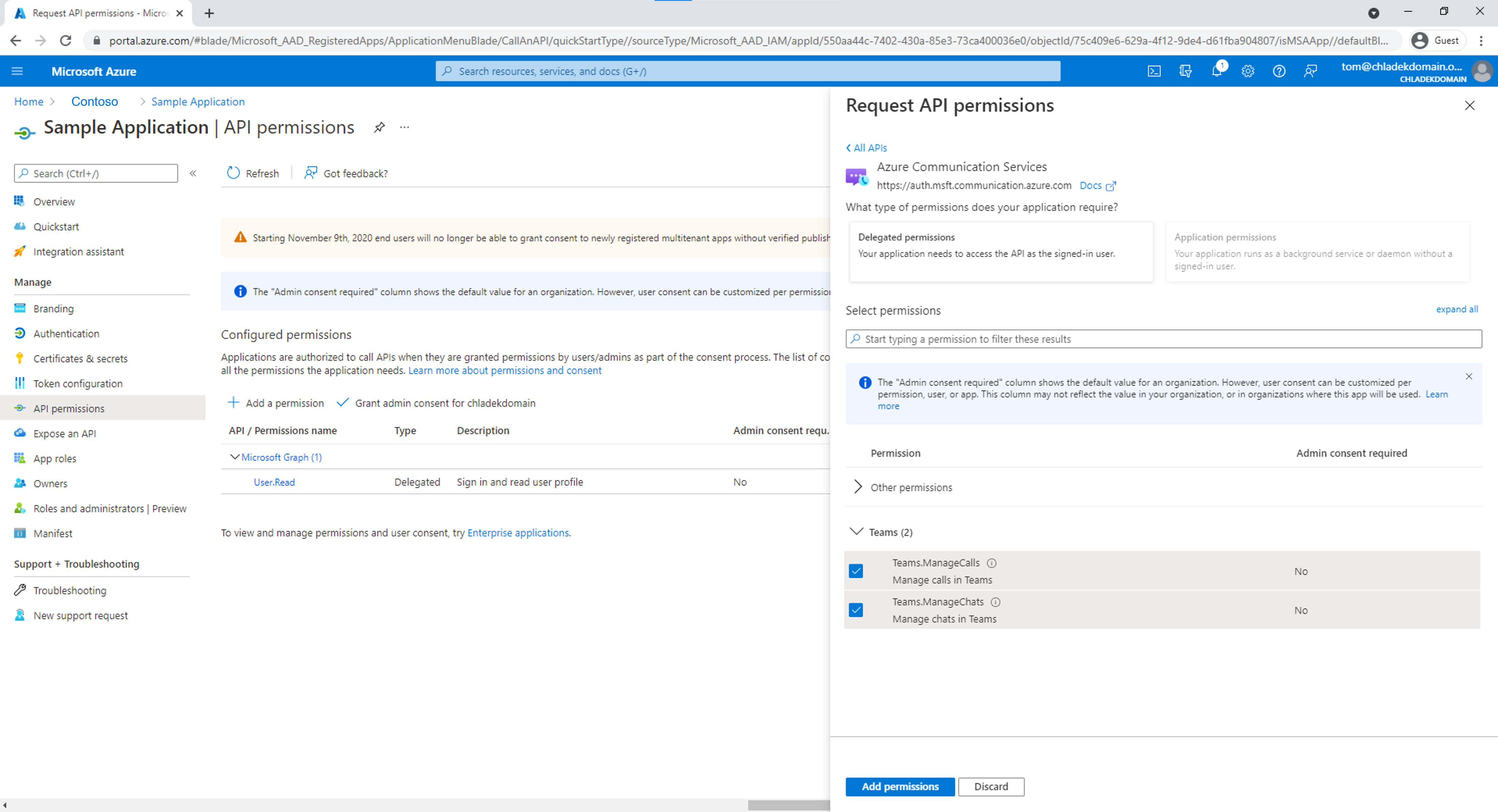 將 Teams.ManageCalls 和 Teams.ManageChats 許可權新增至上一個步驟中建立的 Microsoft Entra 應用程式。