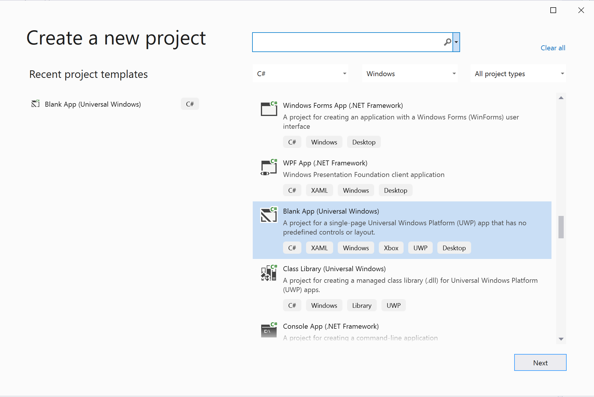 顯示 Visual Studio 內 [新增 UWP 專案] 視窗的螢幕快照。