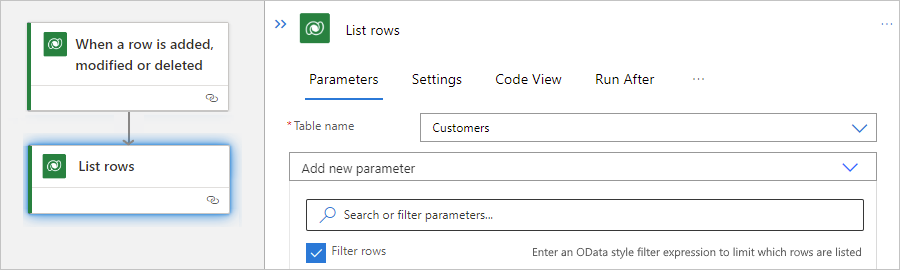 Screenshot shows Standard workflow and property named Filter rows.