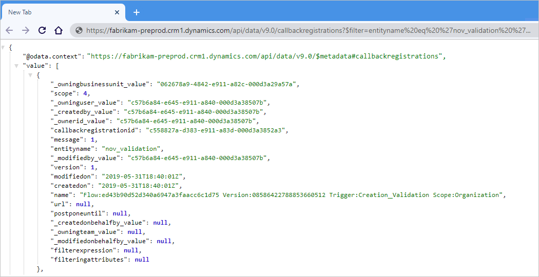 Screenshot shows browser window and OData URI in address bar.