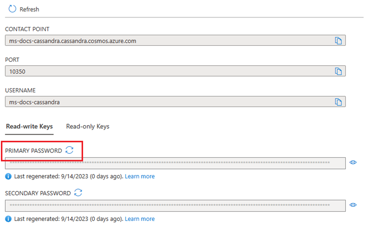 Screenshot showing how to regenerate the primary key in the Azure portal when used with Cassandra.