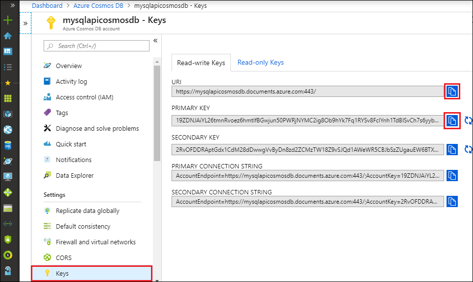 Get an access key and URI in the Keys settings in the Azure portal