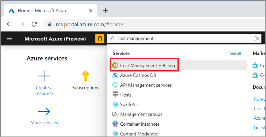 顯示 Azure 入口網站 搜尋成本管理 + 計費的螢幕快照。