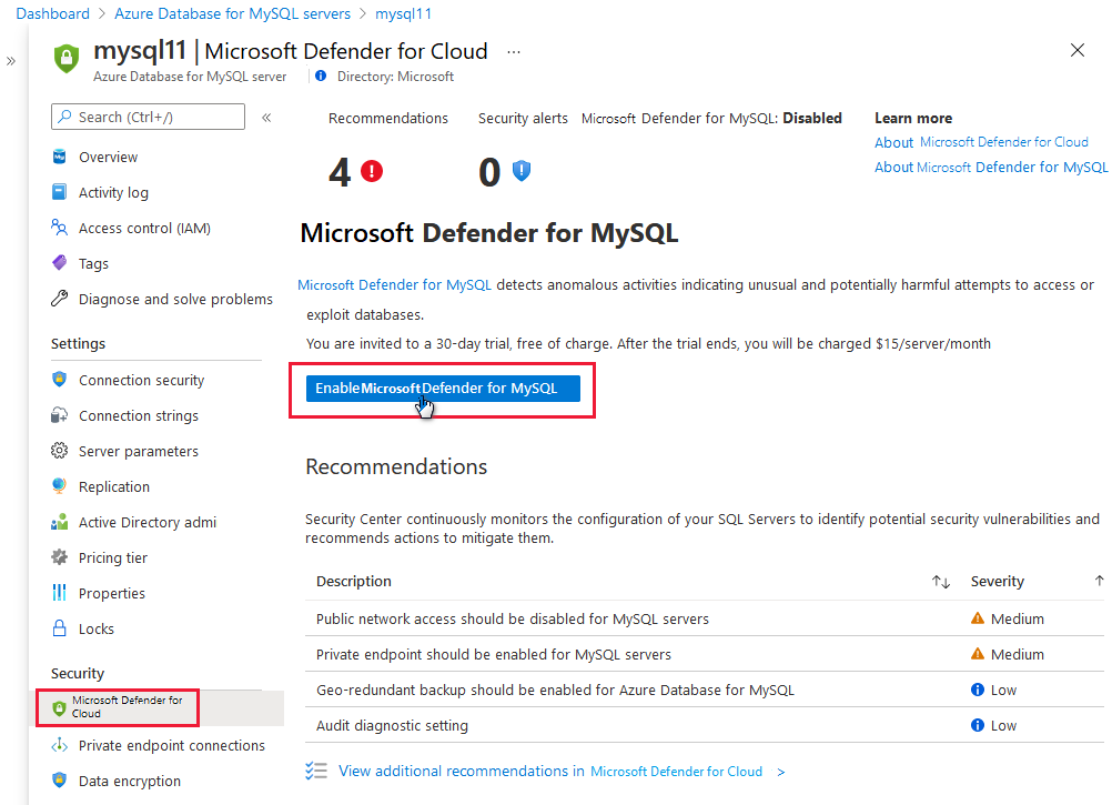 啟用適用于 MySQL 的 Microsoft Defender。