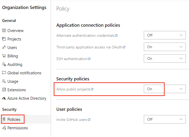 Organization settings, Policy page, Security policies