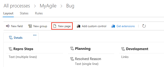 進程、工作專案類型、Bug：版面配置、新增頁面選項