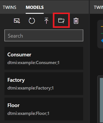 Azure Digital Twins Explorer 模型面板的螢幕快照。[上傳模型] 目錄圖示會反白顯示。