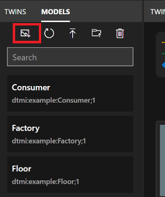 Azure Digital Twins Explorer 模型面板的螢幕快照。[上傳模型影像] 圖示會反白顯示。
