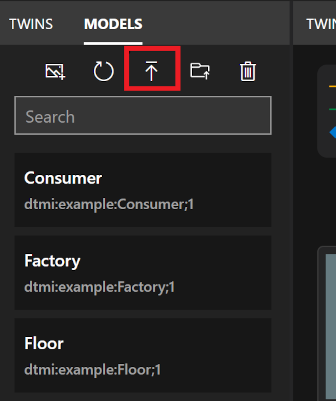 Azure Digital Twins Explorer 模型面板的螢幕快照。[上傳模型] 圖示會反白顯示。