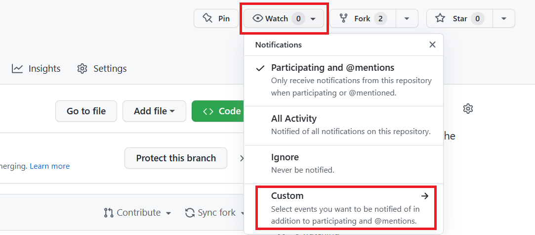 Screenshot showing how to subscribe to GitHub repo.