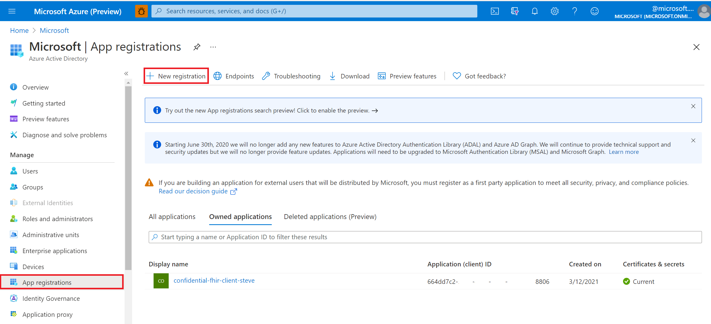 Azure 入口網站。新增應用程式註冊。
