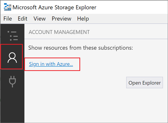 如何將 Azure 帳戶新增至 Microsoft Azure 儲存體總管 的螢幕快照。