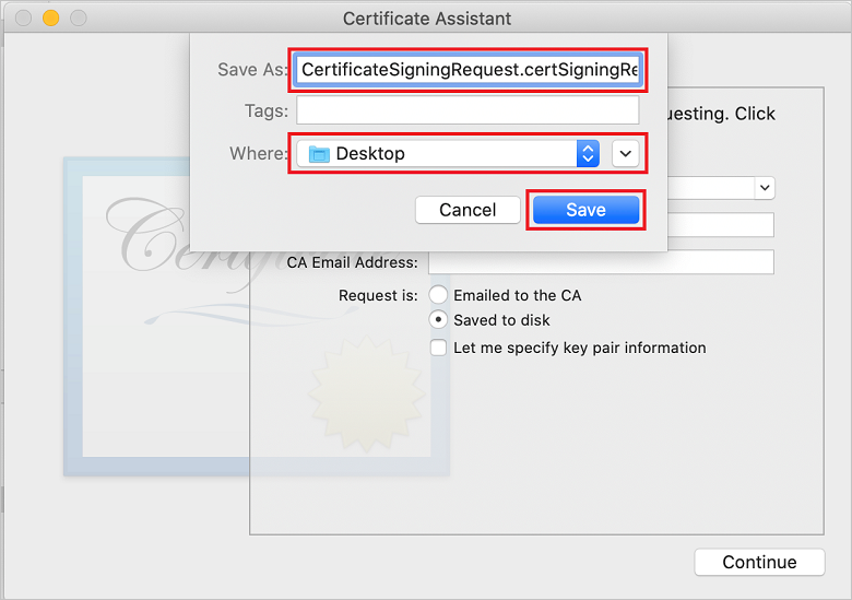 Choose a file name for the certificate