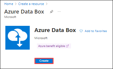 選取 [Azure 數據箱] 之後，Azure 入口網站 畫面頂端的螢幕快照。[建立] 按鈕會反白顯示。