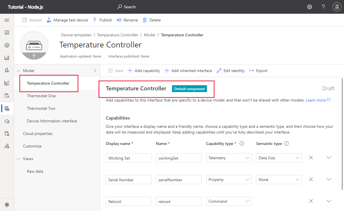Screenshot showing the temperature controller device template in IoT Central.