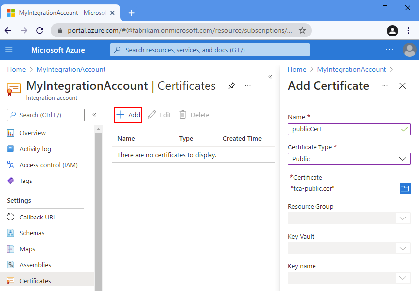 顯示 Azure 入口網站和整合帳戶的螢幕擷取畫面，其中已選取 [新增] 和 [新增憑證] 窗格，並含有公用憑證詳細資料。