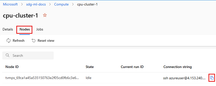 Screenshot that shows connection string for a node in a compute cluster.