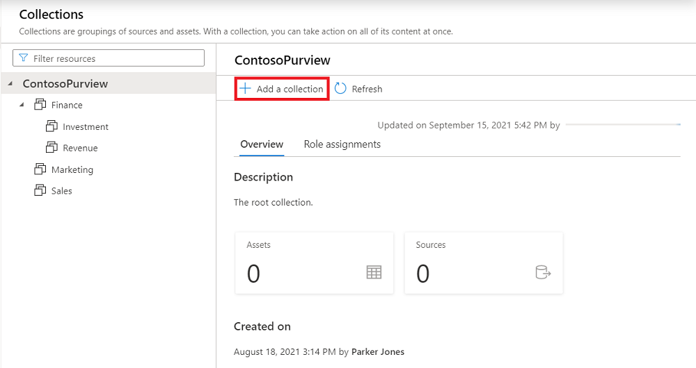 Microsoft Purview 治理入口網站視窗的螢幕擷取畫面，已開啟至 [資料對應]，其中已選取 [集合] 索引標籤，並醒目提示 [新增集合]。