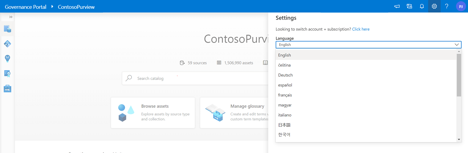 如何當地語系化 Microsoft Purview 治理入口網站的螢幕擷取畫面。