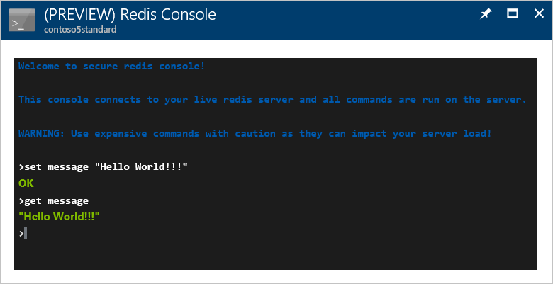 顯示 Redis 主控台的螢幕快照，其中包含輸入命令和結果。