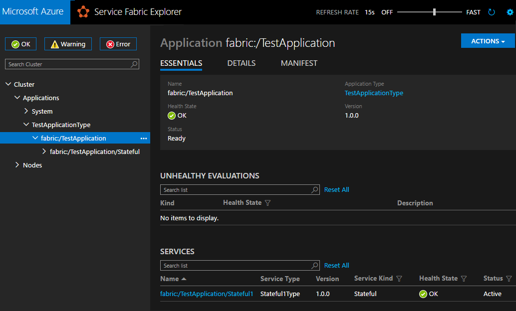 Healthy application in Service Fabric Explorer