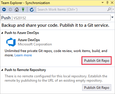 Screenshot of the Team Explorer - Synchronization window in Visual Studio. Under Push to Azure DevOps, the Publish to Git Repo button is highlighted.
