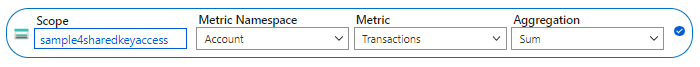 Screenshot showing how to configure metric to sum transactions made with Shared Key or SAS
