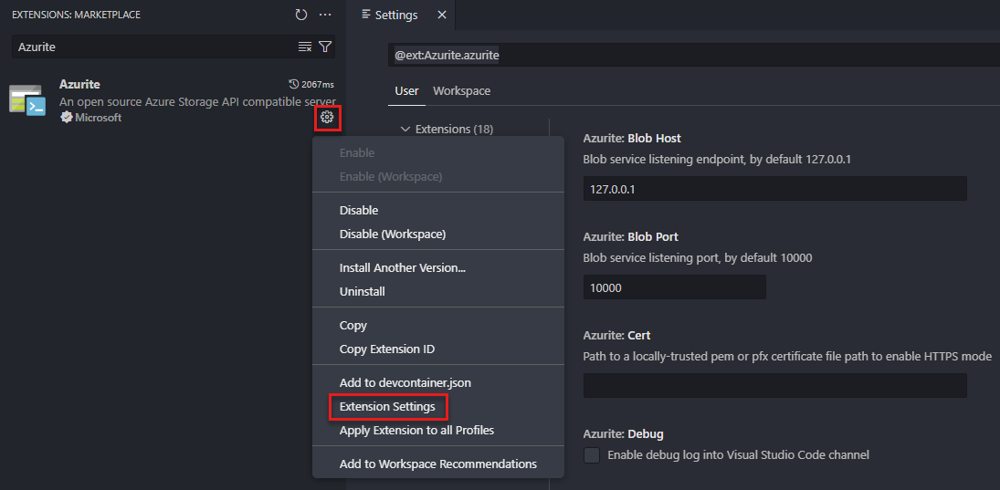 Azurites configure extension settings