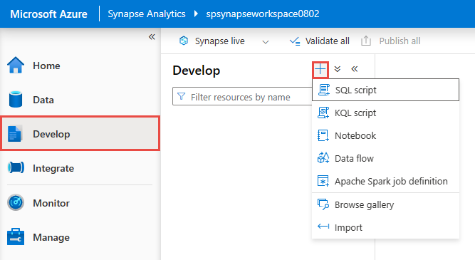 顯示 [開發] 頁面的螢幕擷取畫面，其中已選取新的 SQL 腳本功能表。