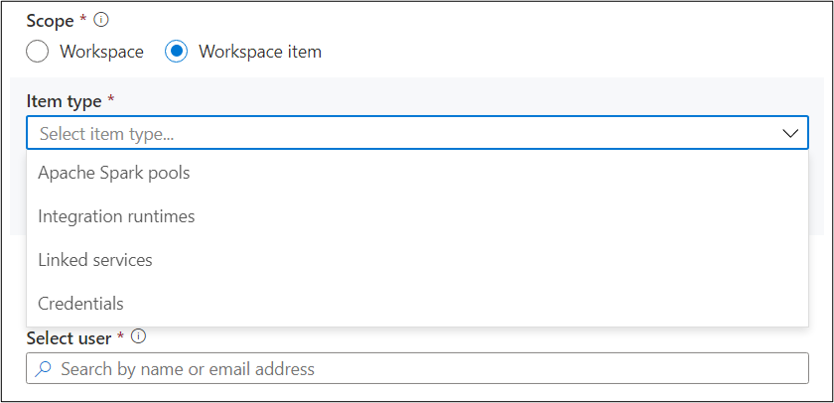 Add workspace item role assignment - select item type