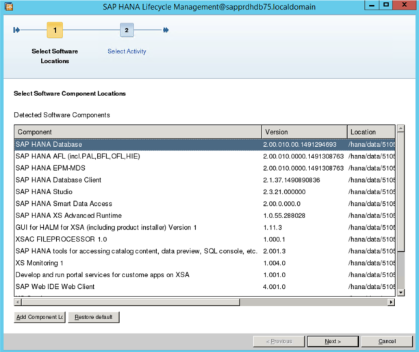 SAP HANA 生命週期管理畫面的螢幕擷取畫面，其中已選取 SAP HANA 資料庫。