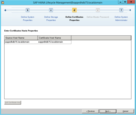 SAP HANA 生命週期管理畫面的螢幕擷取畫面，其中包含主機名稱。