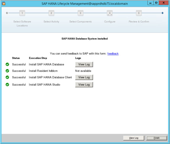 SAP HANA 生命週期管理畫面的螢幕擷取畫面，指出安裝已完成。