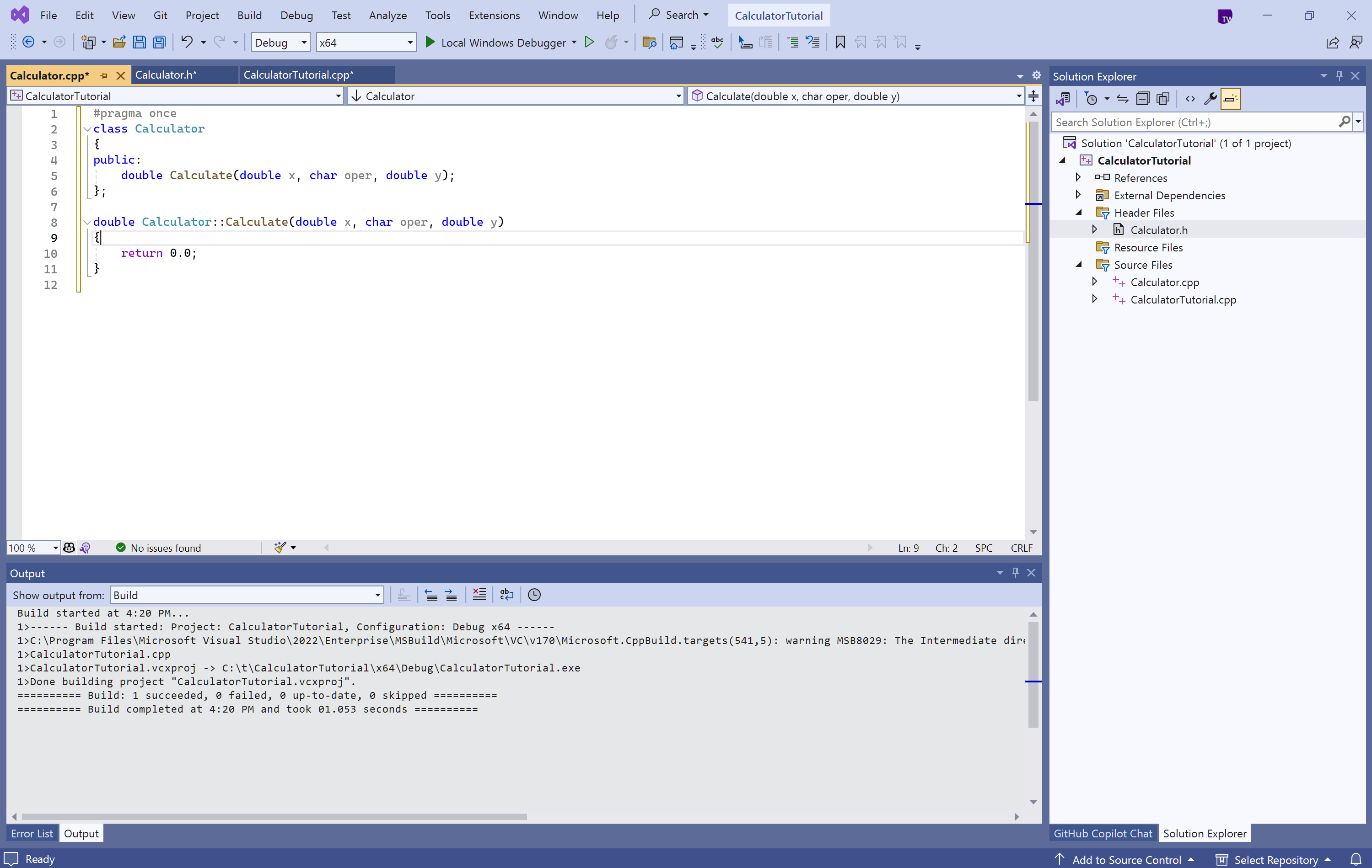 Visual Studio 編輯器的螢幕快照，其中顯示 'Calculate' ctor 函式的定義。