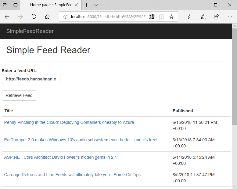 The app displaying the contents of an RSS feed