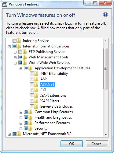 Default settings for IIS 7.0 features