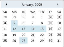 無法選取日期的行事曆。