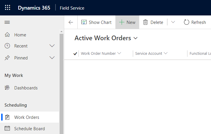 Field Service 中的使用中工單清單螢幕擷取畫面。