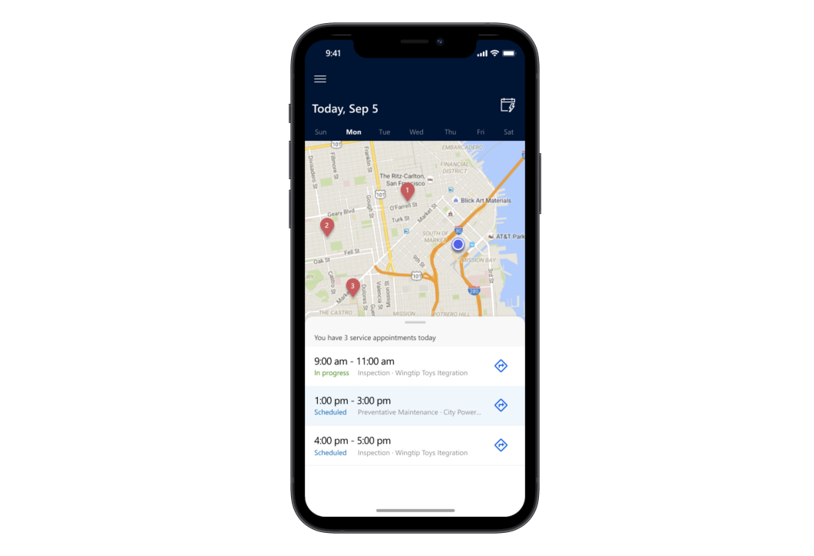 Field Service Mobile 應用程式中地圖上的預約螢幕擷取畫面。